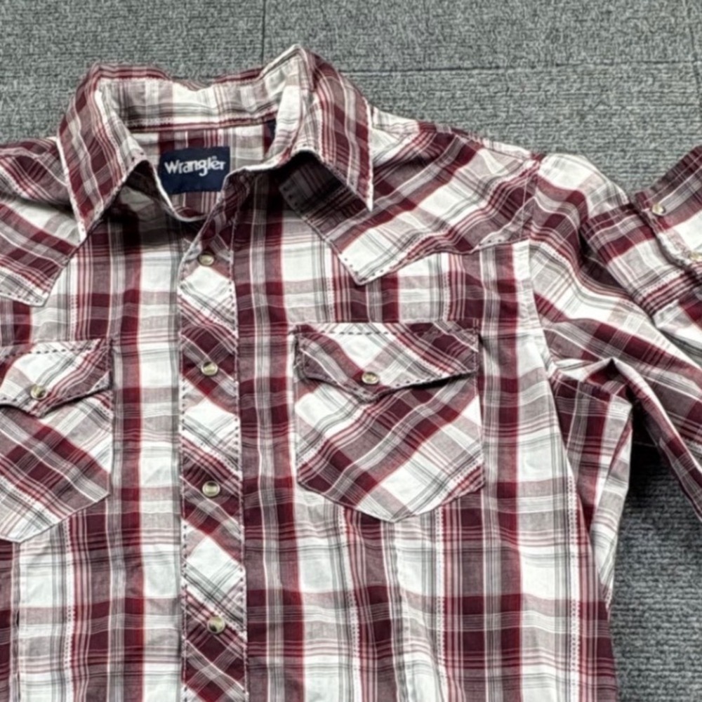 Wrangler Mens Medium Burgundy Plaid Western Snap Long Sleeve Shirt
